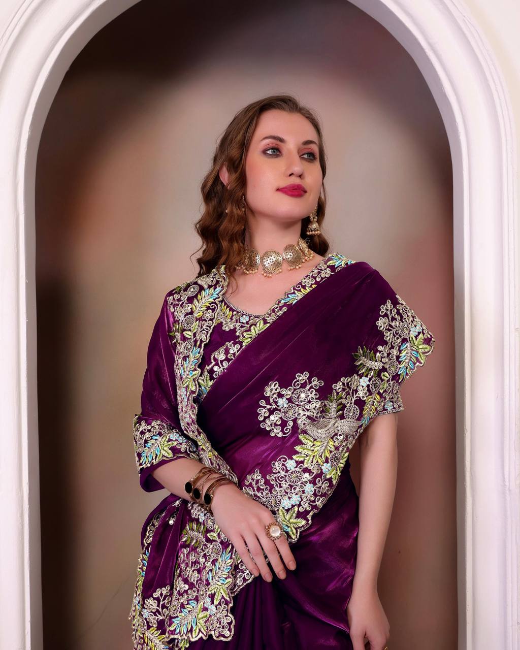 Teeya Creation Wine Color Zimichhu Silk Heavy Work Saree | Grocsy