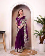 Teeya Creation Wine Color Zimichhu Silk Heavy Work Saree | Grocsy