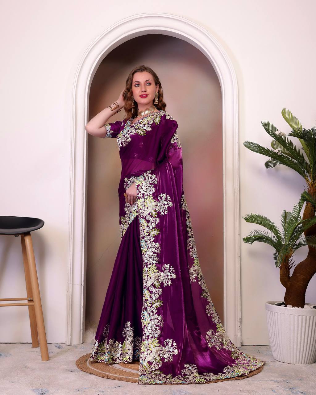 Teeya Creation Wine Color Zimichhu Silk Heavy Work Saree | Grocsy