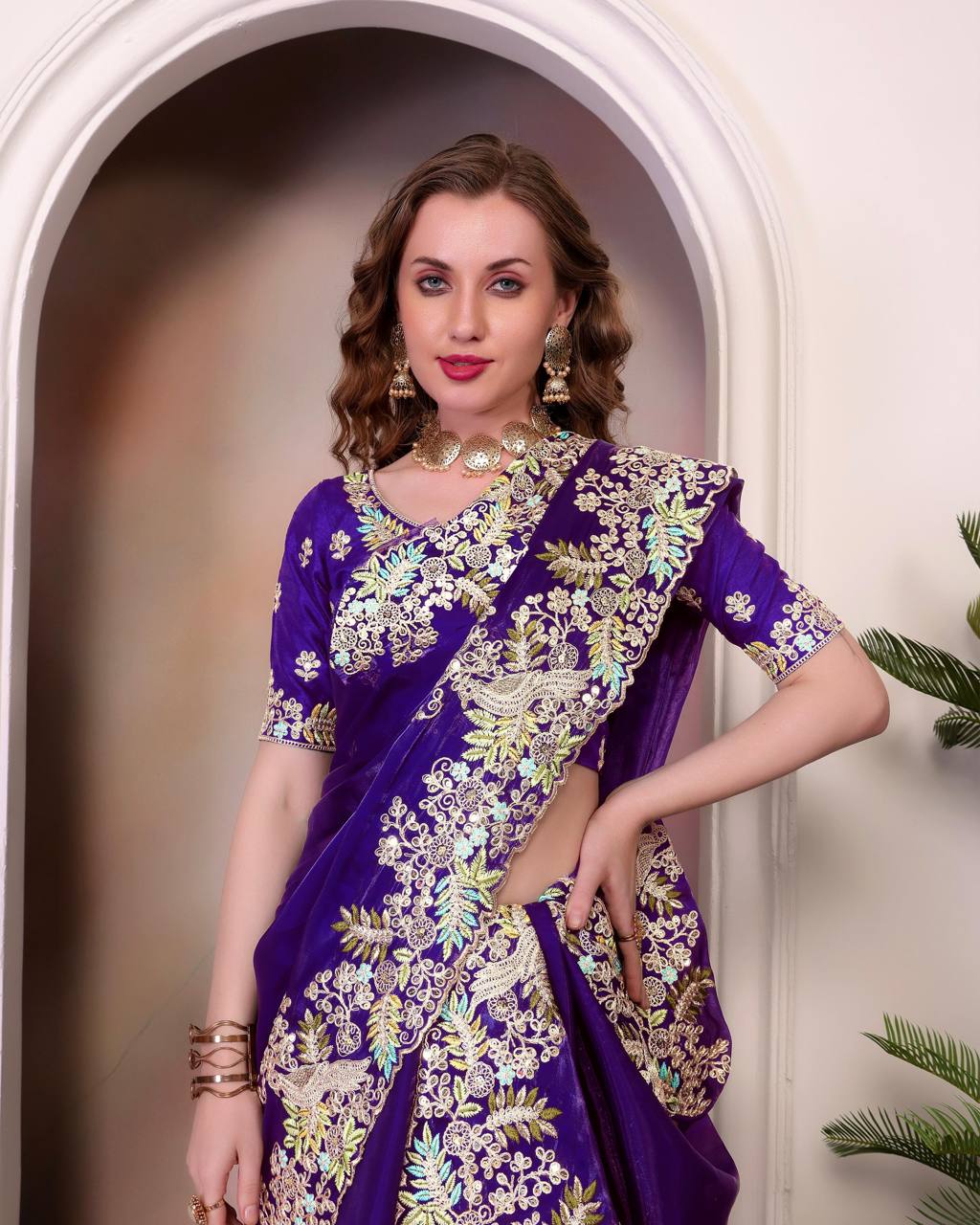 Teeya Creation Purple Color Zimichhu Silk Heavy Work Saree | Grocsy