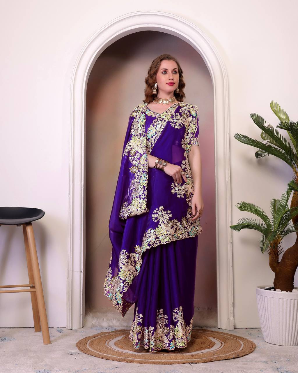Teeya Creation Purple Color Zimichhu Silk Heavy Work Saree | Grocsy