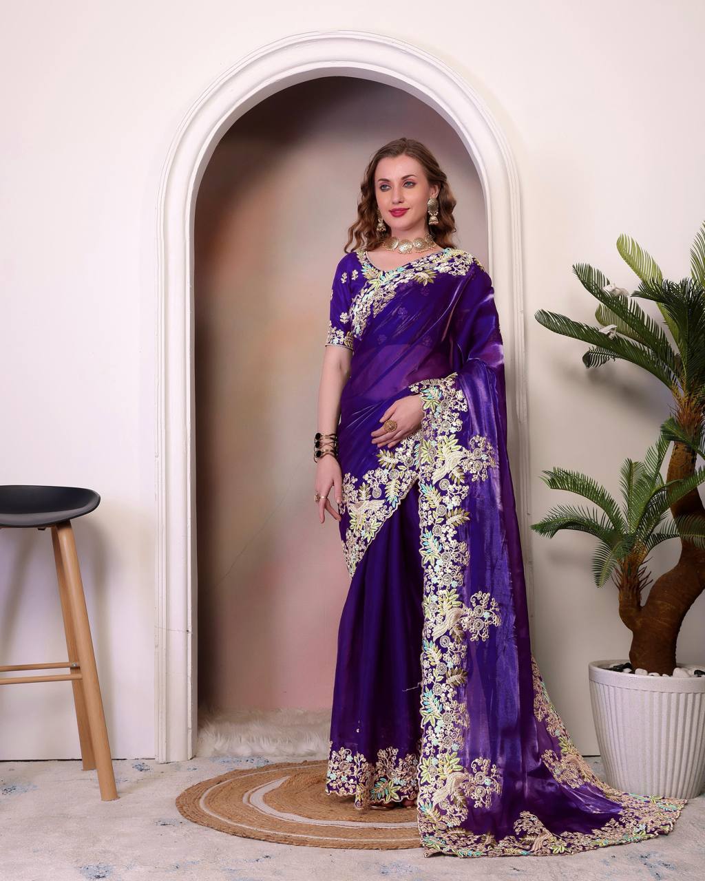 Teeya Creation Purple Color Zimichhu Silk Heavy Work Saree | Grocsy