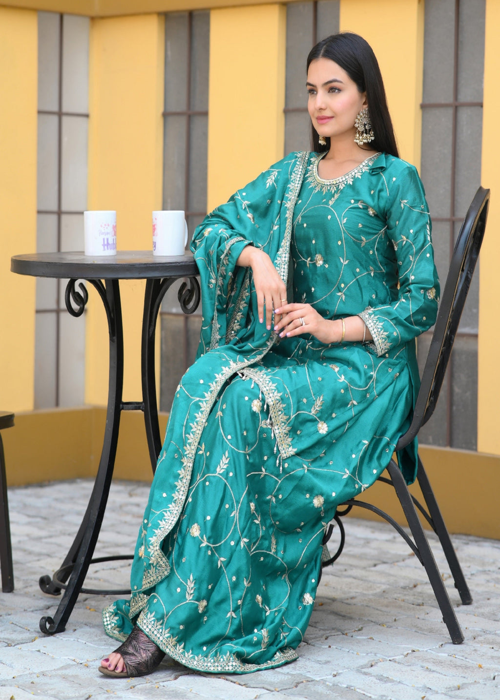 Teeya Creation Green Color Chinon Silk Heavy Embroidery Work Fully Stitched Salwar Suit | Grocsy