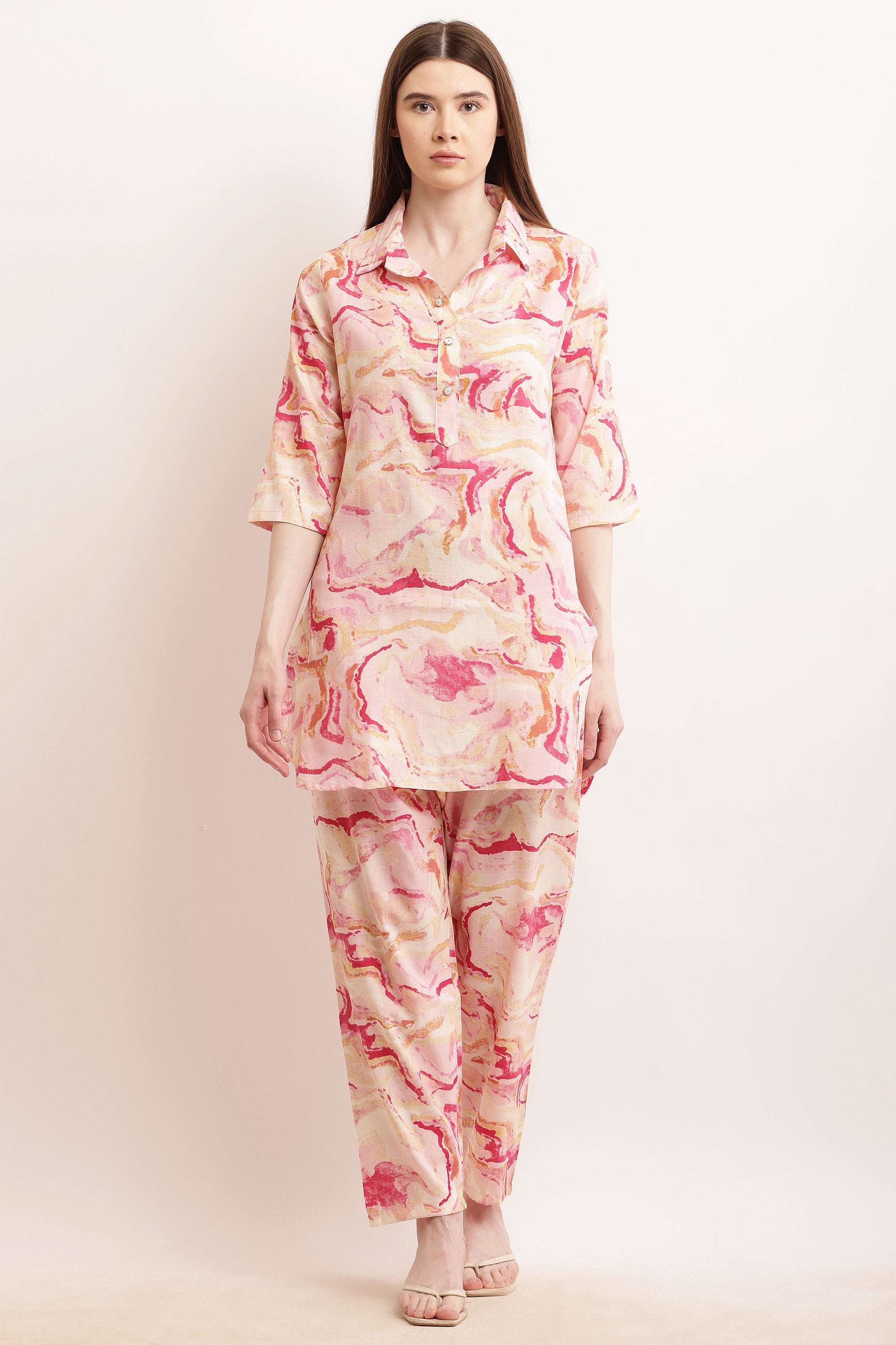 PAVONINE Pink Color Ted-Dye Printed Cord Set For Women | Grocsy