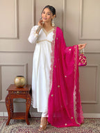 The52 Women's Gorgeous Embroidery Chandrei Fabric Straight Kurta, Pant and Dupatta Set | Grocsy