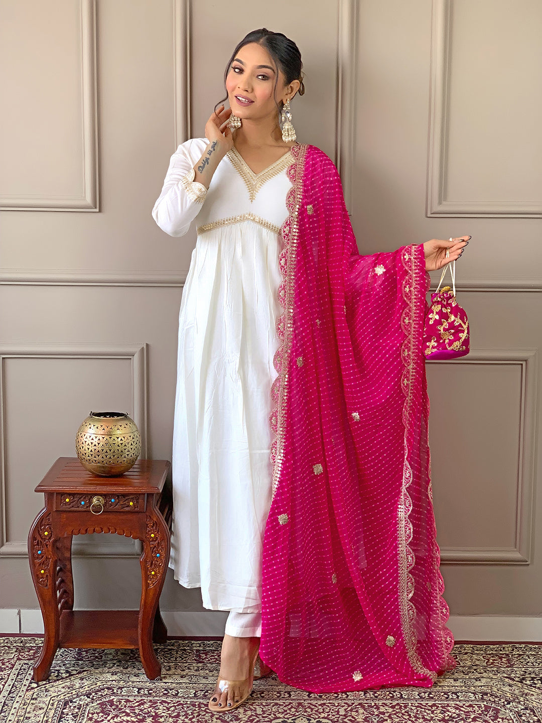 The52 Women's Gorgeous Embroidery Chandrei Fabric Straight Kurta, Pant and Dupatta Set | Grocsy