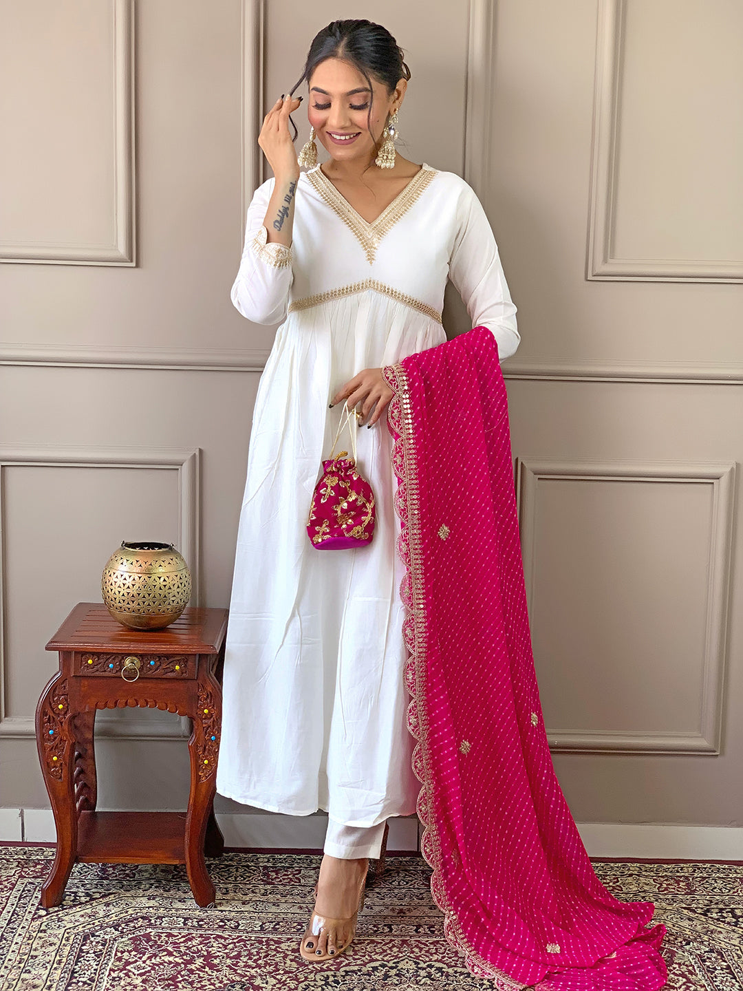 The52 Women's Gorgeous Embroidery Chandrei Fabric Straight Kurta, Pant and Dupatta Set | Grocsy