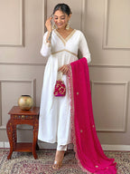 The52 Women's Gorgeous Embroidery Chandrei Fabric Straight Kurta, Pant and Dupatta Set | Grocsy