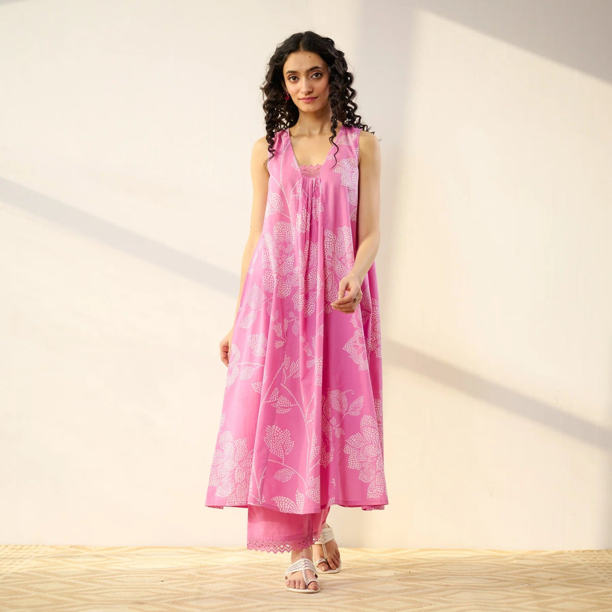 Pimu Women Floral Printed Pleated Pure Cotton Kurta with Palazzos-Pink | Grocsy