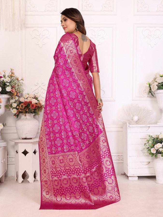 Anaita Pink Soft Satin Silk Bandhej Print Saree With Kanchi Zari Weaving Border | Grocsy