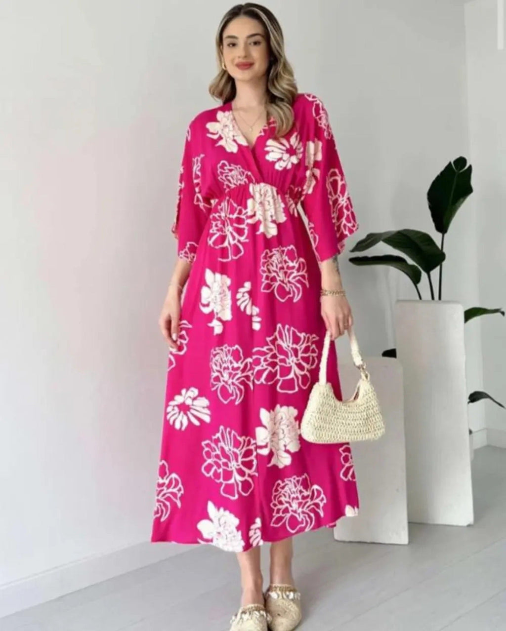 Pimu Front Slit Midi Dresses V-neck Designs For Women Party Wear - Pink | Grocsy