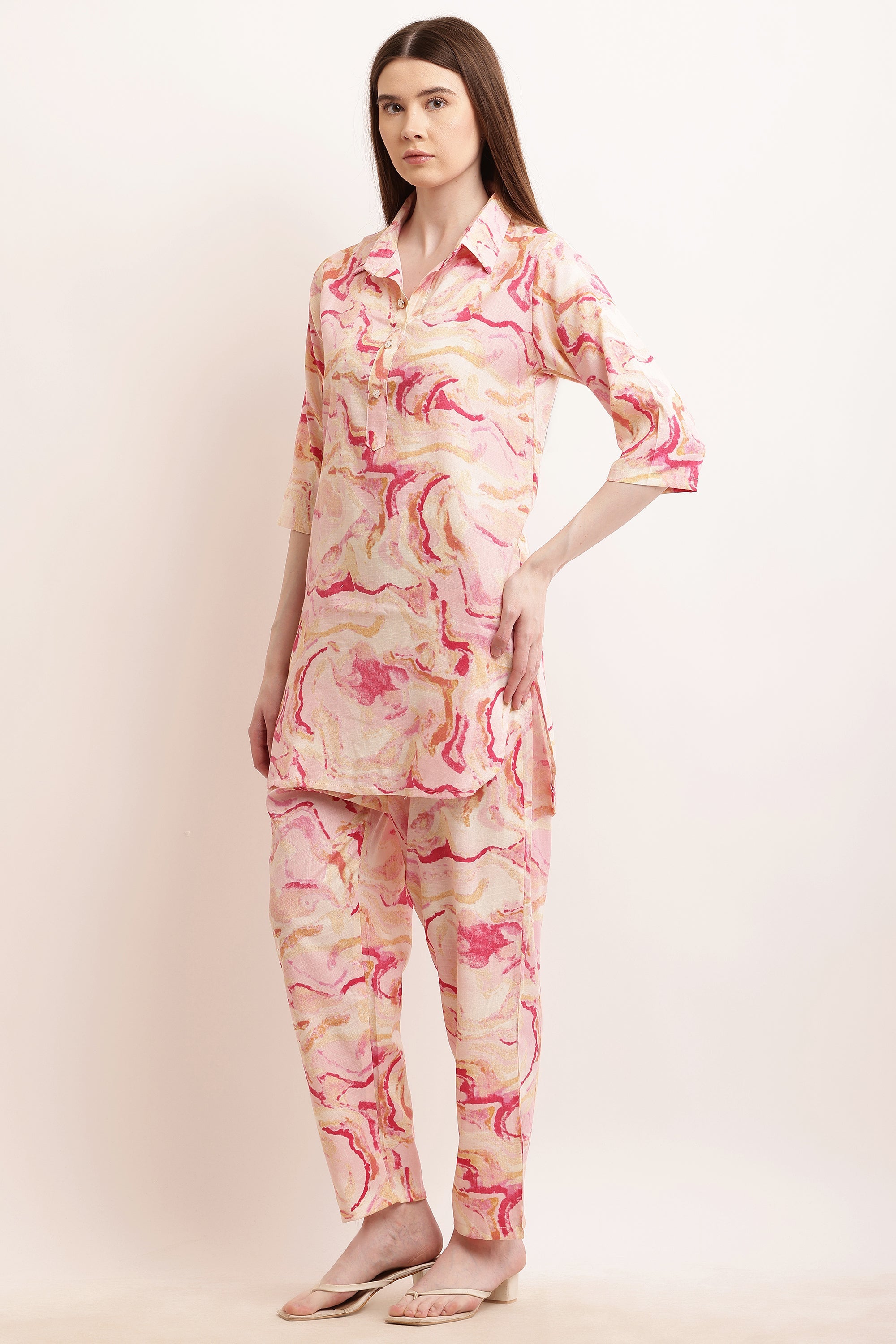 PAVONINE Pink Color Ted-Dye Printed Cord Set For Women | Grocsy