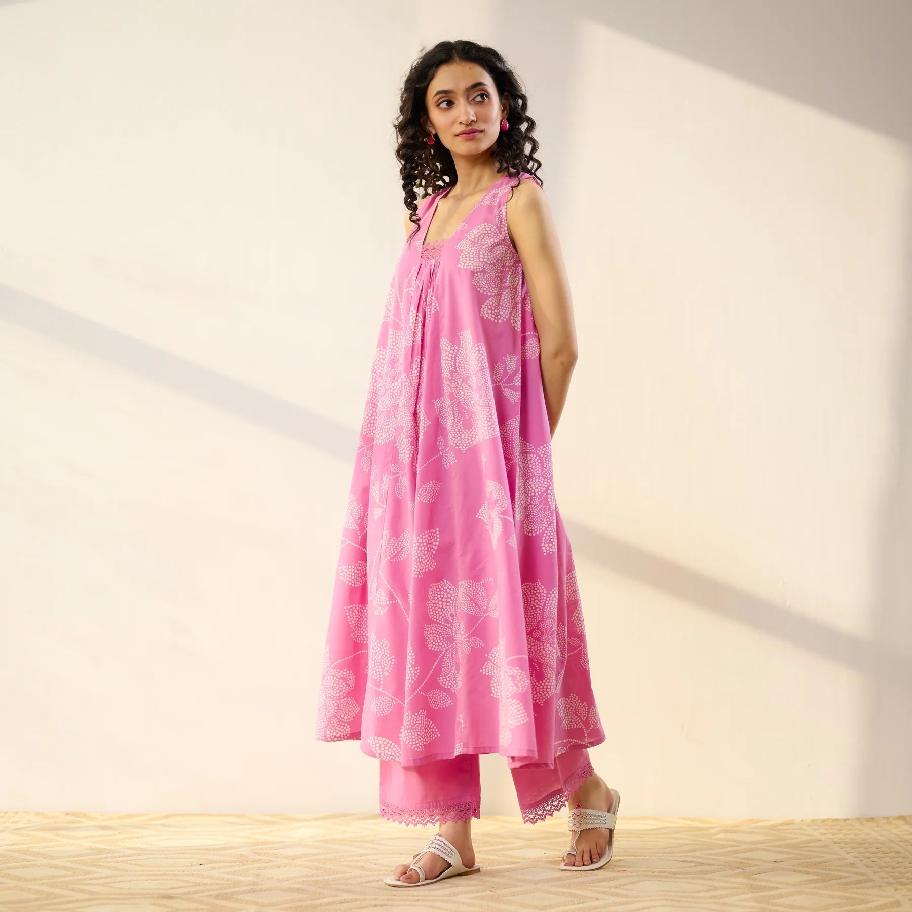 Pimu Women Floral Printed Pleated Pure Cotton Kurta with Palazzos-Pink | Grocsy
