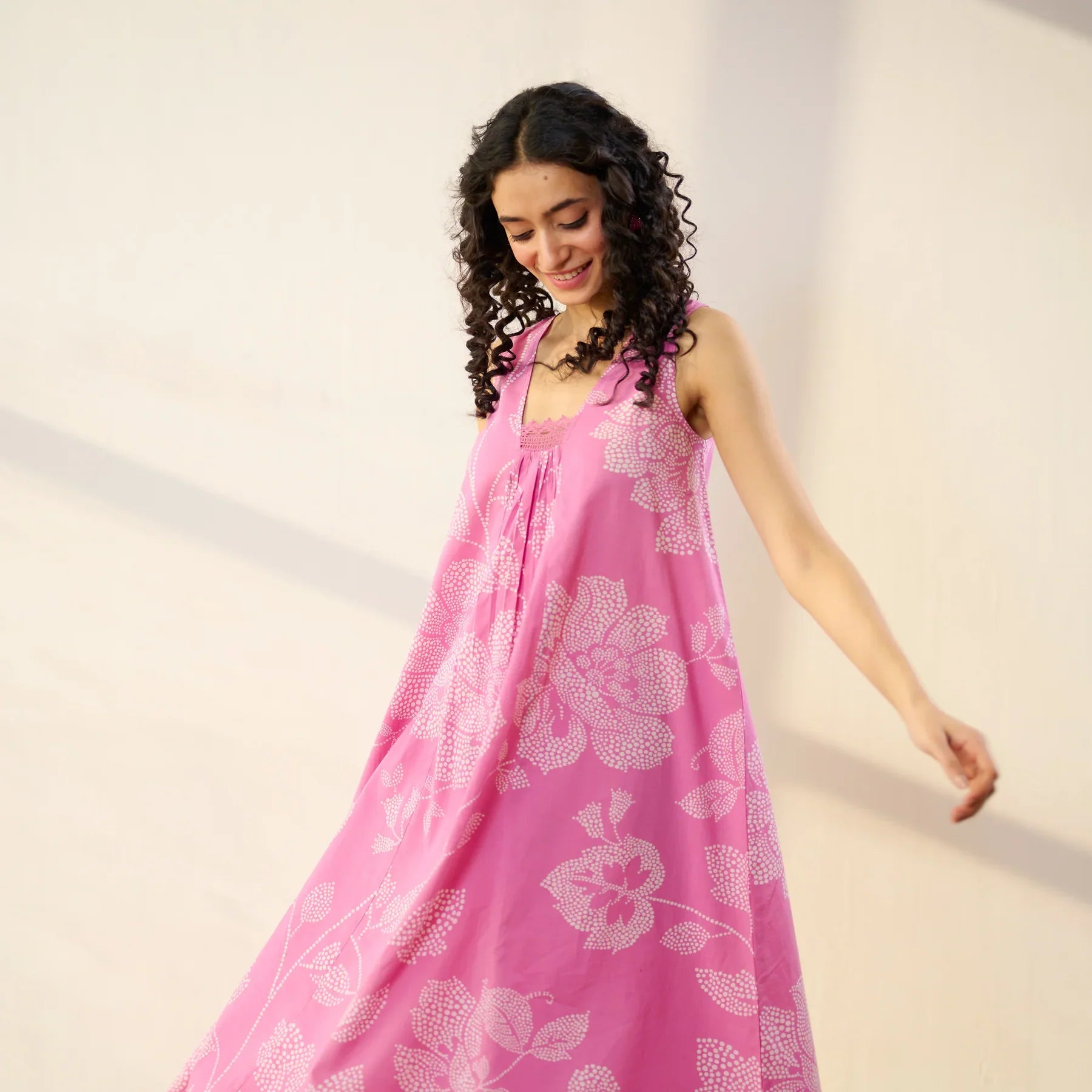 Pimu Women Floral Printed Pleated Pure Cotton Kurta with Palazzos-Pink | Grocsy