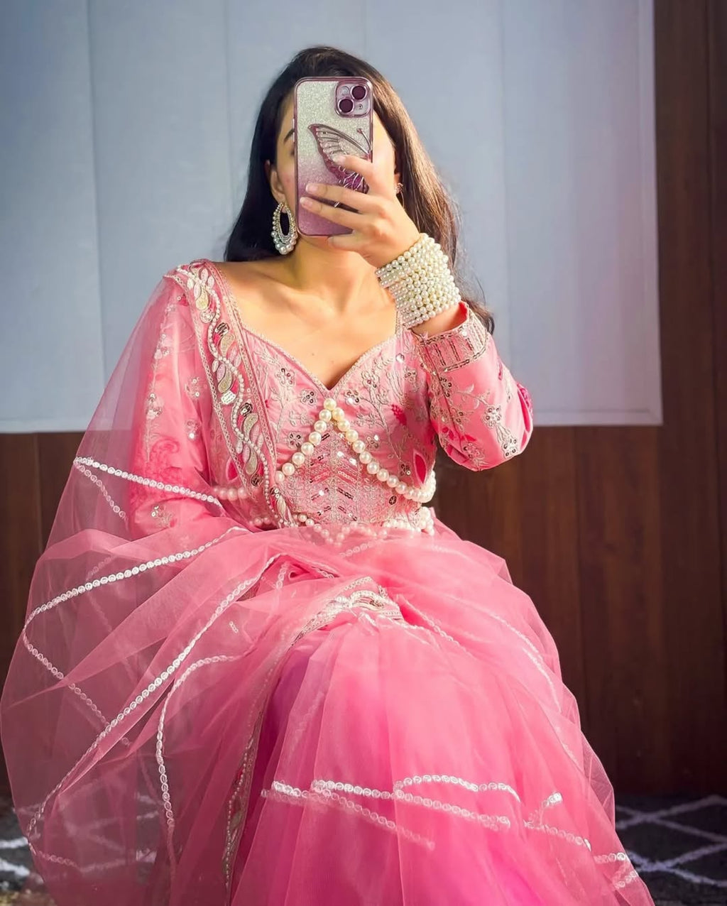 Teeya Creation Light Pink Color Net Fabric Pearl Work Heavy Embroidery Work Saree | Grocsy