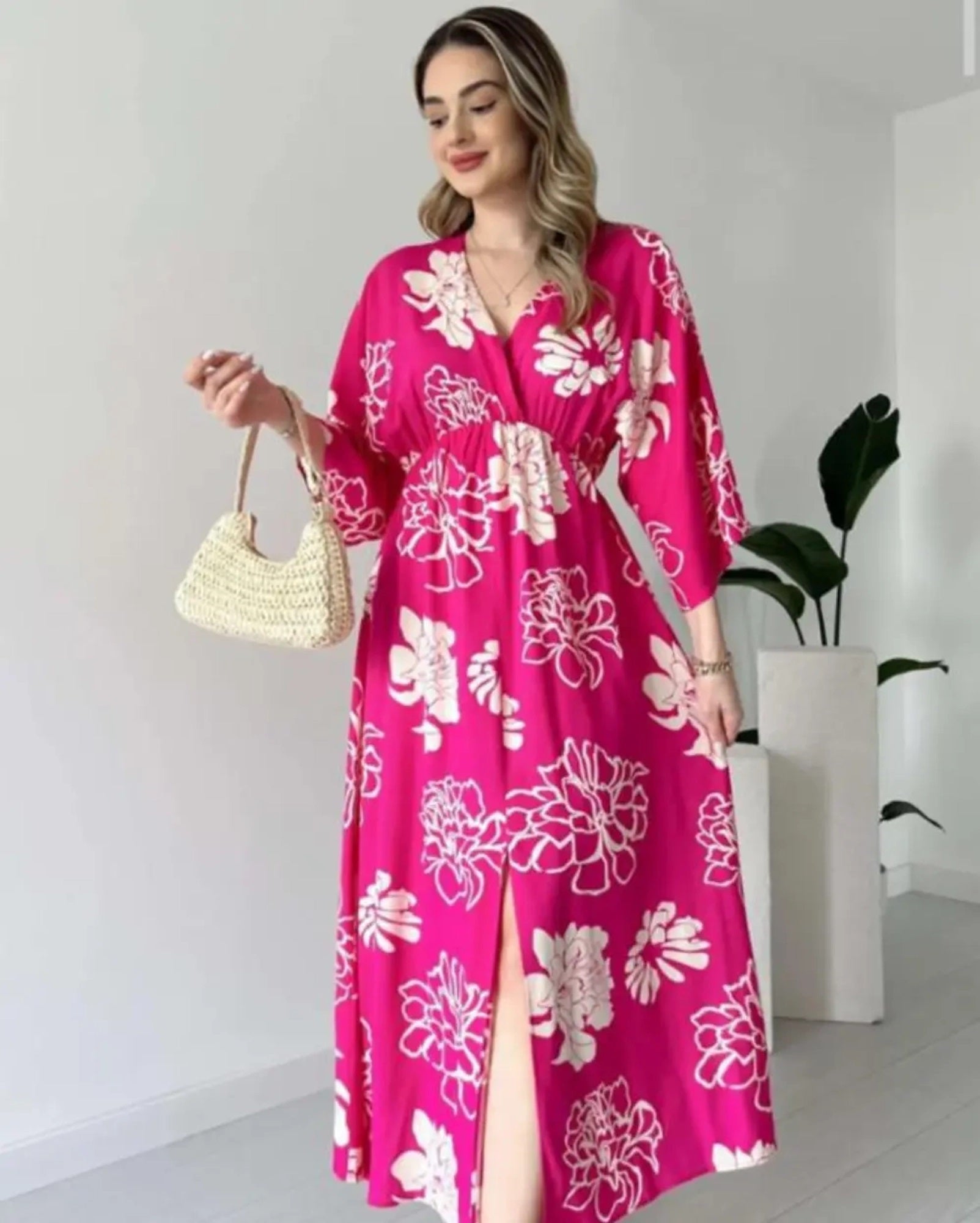 Pimu Front Slit Midi Dresses V-neck Designs For Women Party Wear - Pink | Grocsy