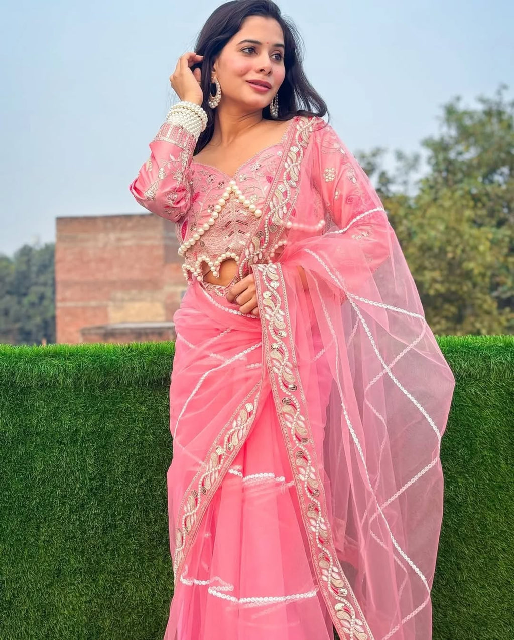 Teeya Creation Light Pink Color Net Fabric Pearl Work Heavy Embroidery Work Saree | Grocsy
