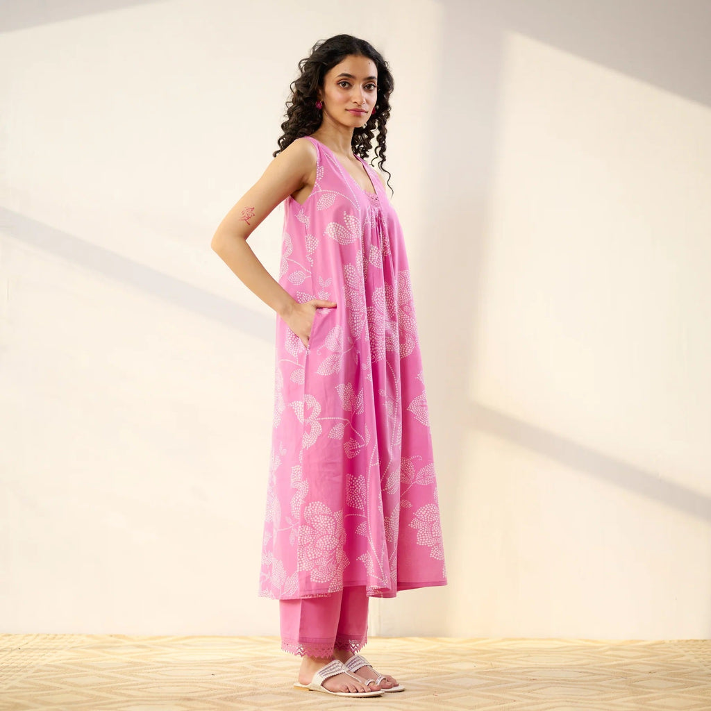 Pimu Women Floral Printed Pleated Pure Cotton Kurta with Palazzos-Pink | Grocsy