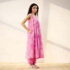 Pimu Women Floral Printed Pleated Pure Cotton Kurta with Palazzos-Pink | Grocsy