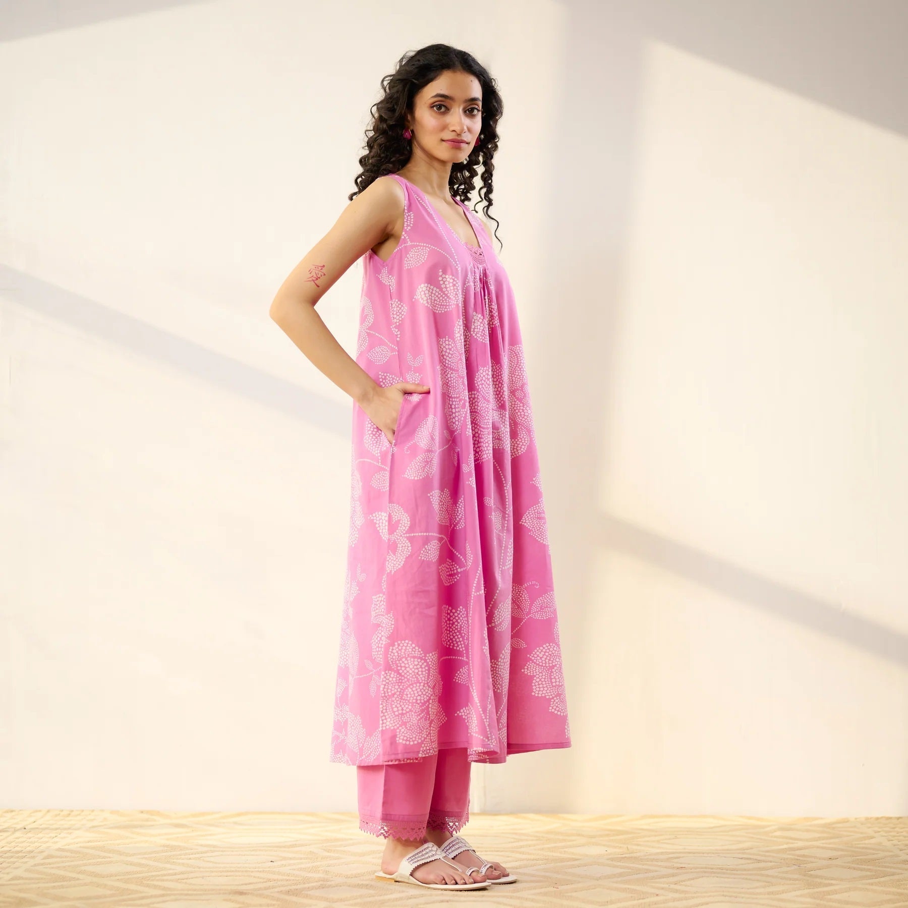 Pimu Women Floral Printed Pleated Pure Cotton Kurta with Palazzos-Pink | Grocsy