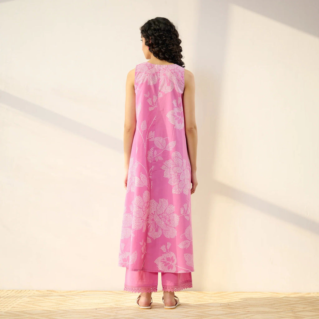 Pimu Women Floral Printed Pleated Pure Cotton Kurta with Palazzos-Pink | Grocsy