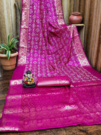 Anaita Pink Soft Satin Silk Bandhej Print Saree With Kanchi Zari Weaving Border | Grocsy