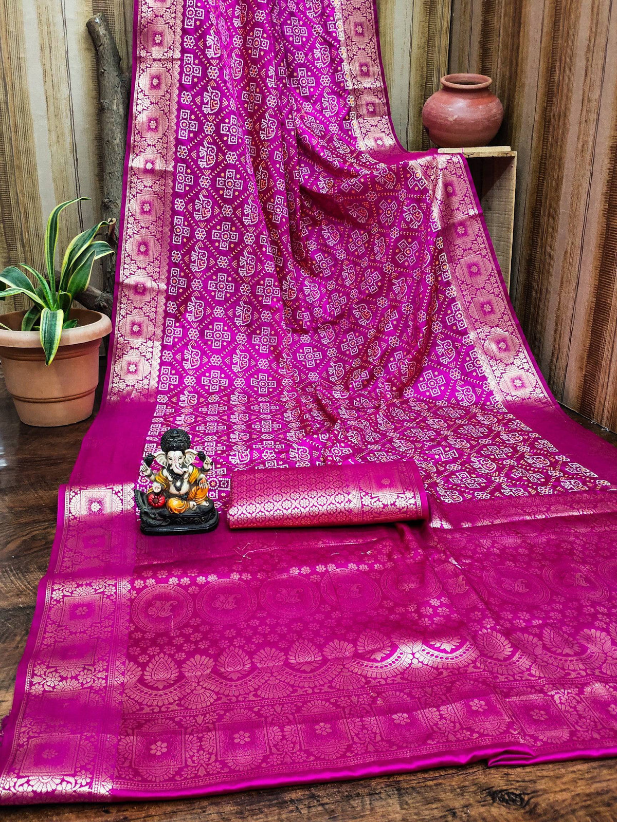 Anaita Pink Soft Satin Silk Bandhej Print Saree With Kanchi Zari Weaving Border | Grocsy