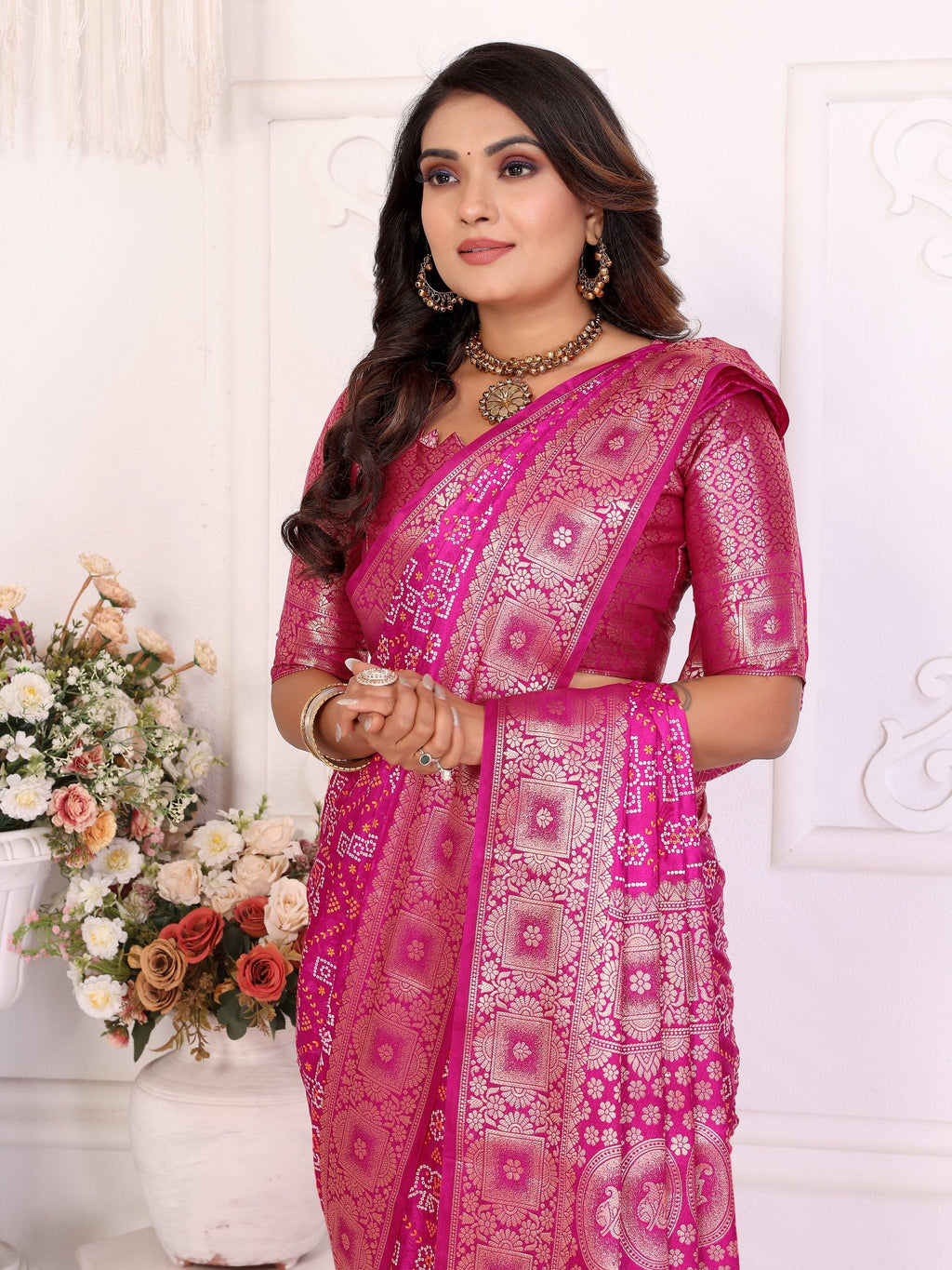 Anaita Pink Soft Satin Silk Bandhej Print Saree With Kanchi Zari Weaving Border | Grocsy