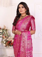 Anaita Pink Soft Satin Silk Bandhej Print Saree With Kanchi Zari Weaving Border | Grocsy