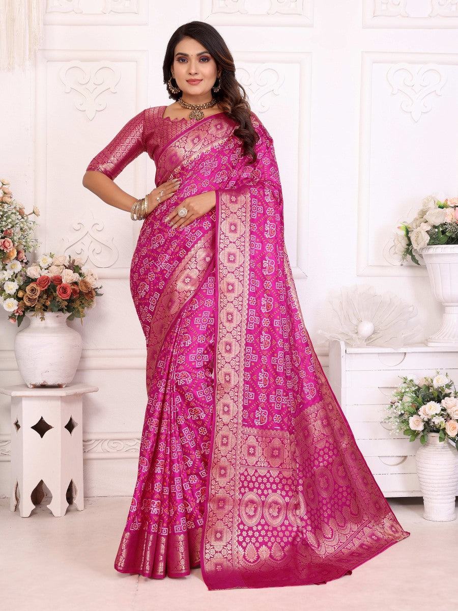 Anaita Pink Soft Satin Silk Bandhej Print Saree With Kanchi Zari Weaving Border | Grocsy