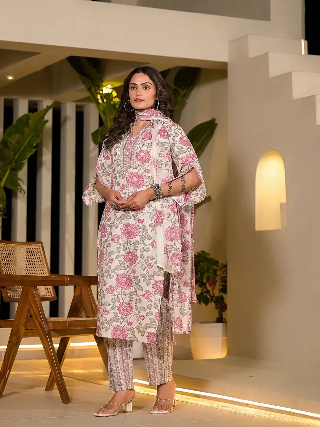 Yufta Pink And Off White Floral Print Cotton Straight Style Kurta And Trousers With Dupatta | Grocsy