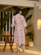 Yufta Pink And Off White Floral Print Cotton Straight Style Kurta And Trousers With Dupatta | Grocsy