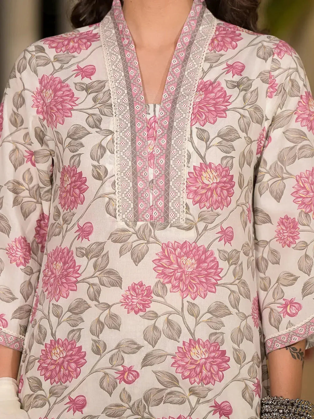 Yufta Pink And Off White Floral Print Cotton Straight Style Kurta And Trousers With Dupatta | Grocsy