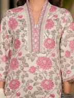 Yufta Pink And Off White Floral Print Cotton Straight Style Kurta And Trousers With Dupatta | Grocsy