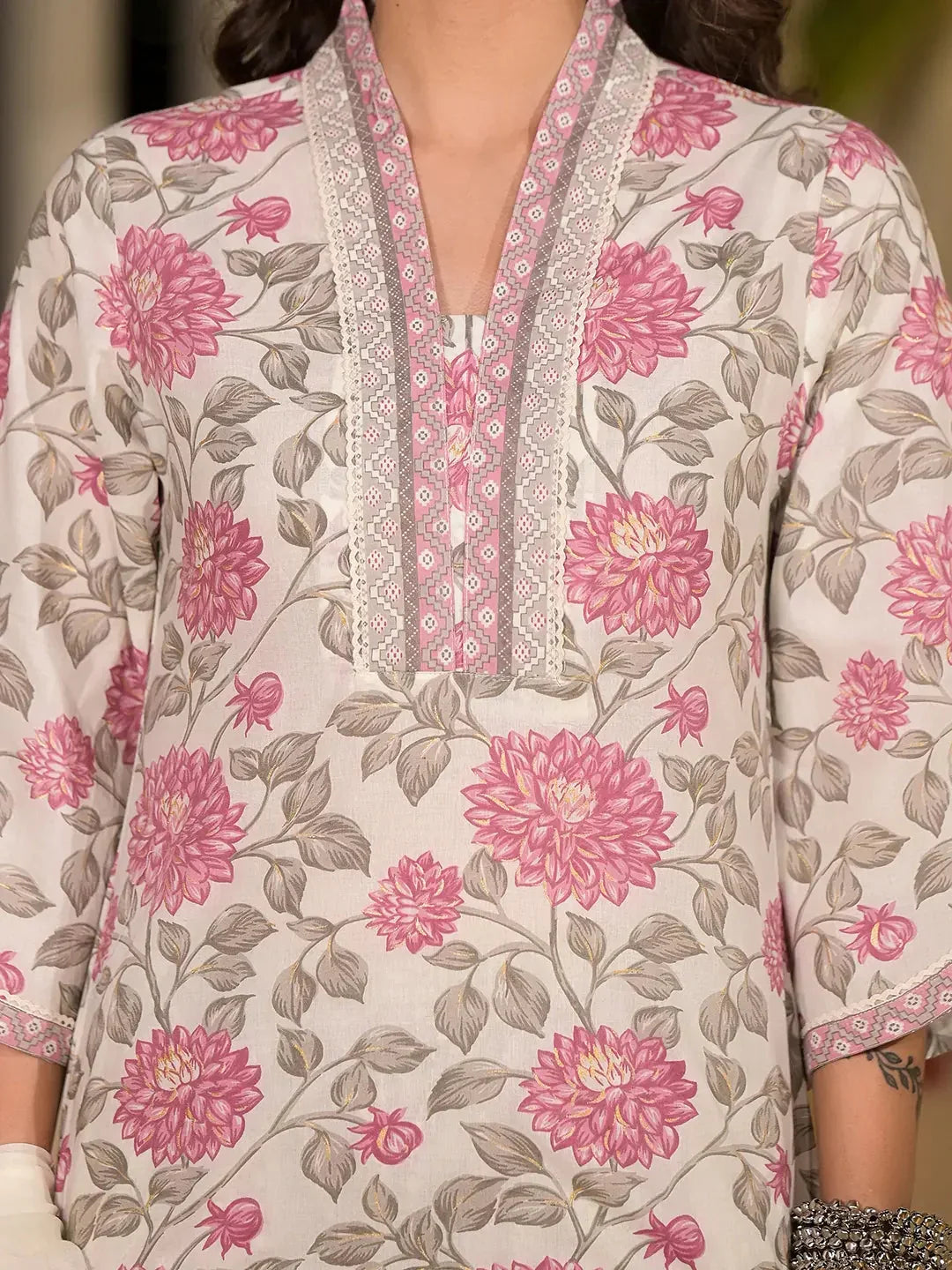 Yufta Pink And Off White Floral Print Cotton Straight Style Kurta And Trousers With Dupatta | Grocsy