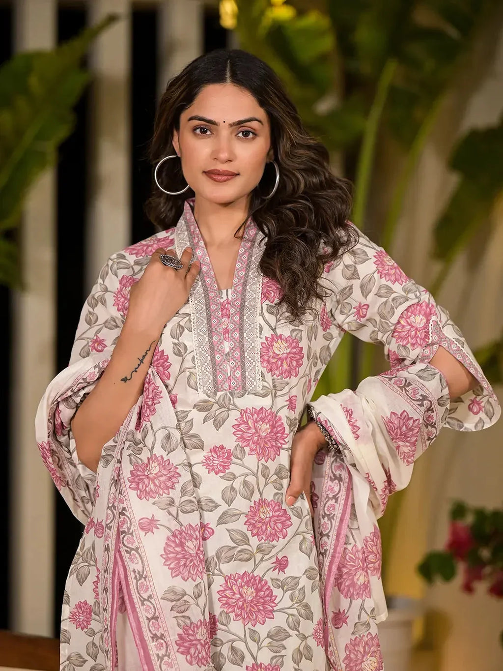 Yufta Pink And Off White Floral Print Cotton Straight Style Kurta And Trousers With Dupatta | Grocsy