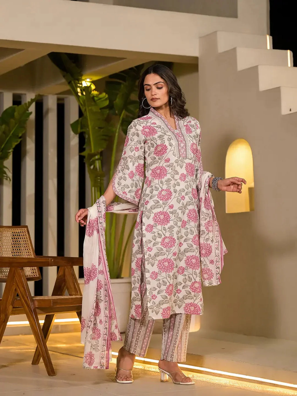 Yufta Pink And Off White Floral Print Cotton Straight Style Kurta And Trousers With Dupatta | Grocsy