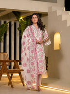 Yufta Pink And Off White Floral Print Cotton Straight Style Kurta And Trousers With Dupatta | Grocsy