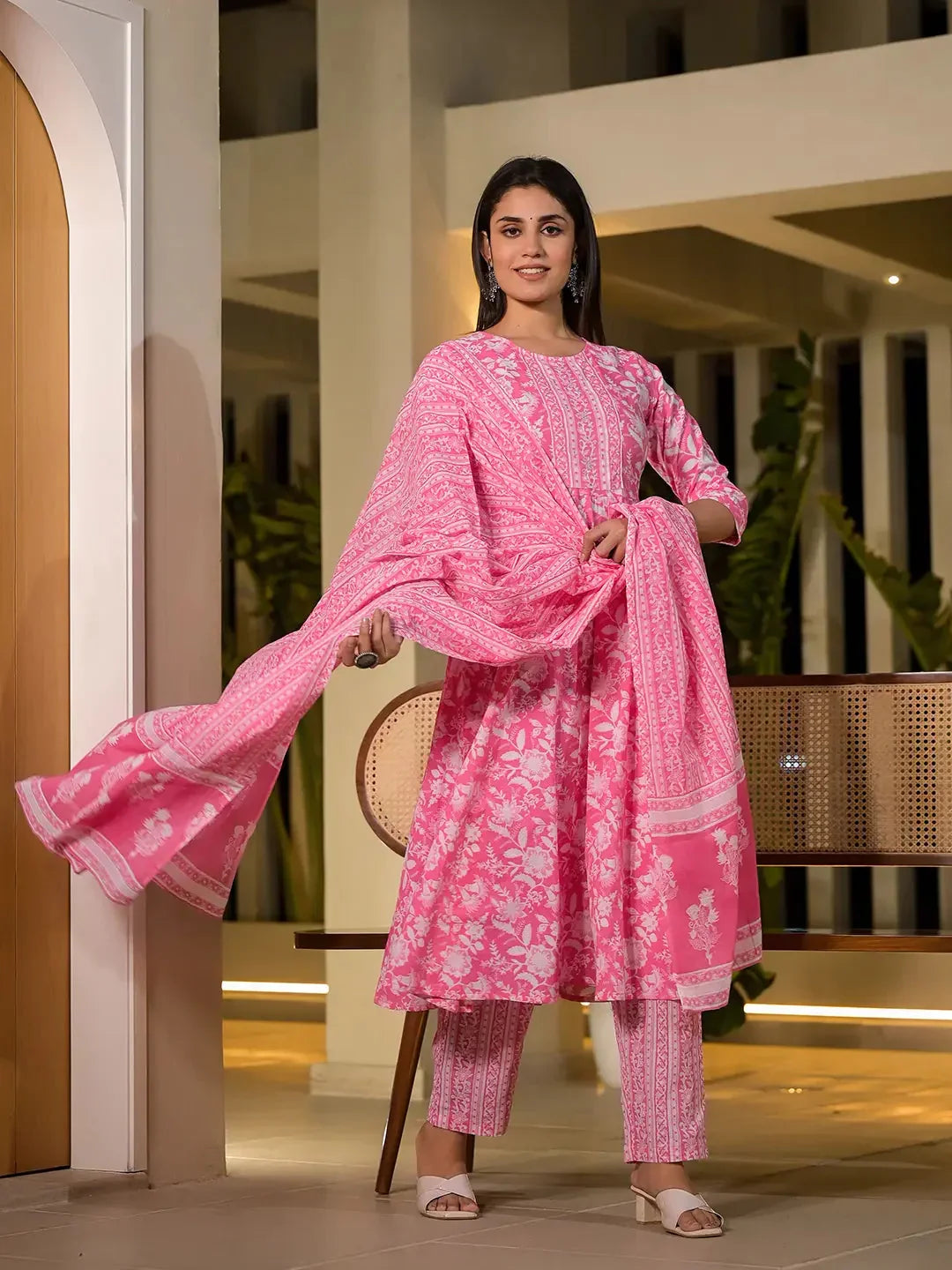 Yufta Pink Cotton Anarkali Style Sequins_Work Kurta With Trousers And Dupatta Set | Grocsy