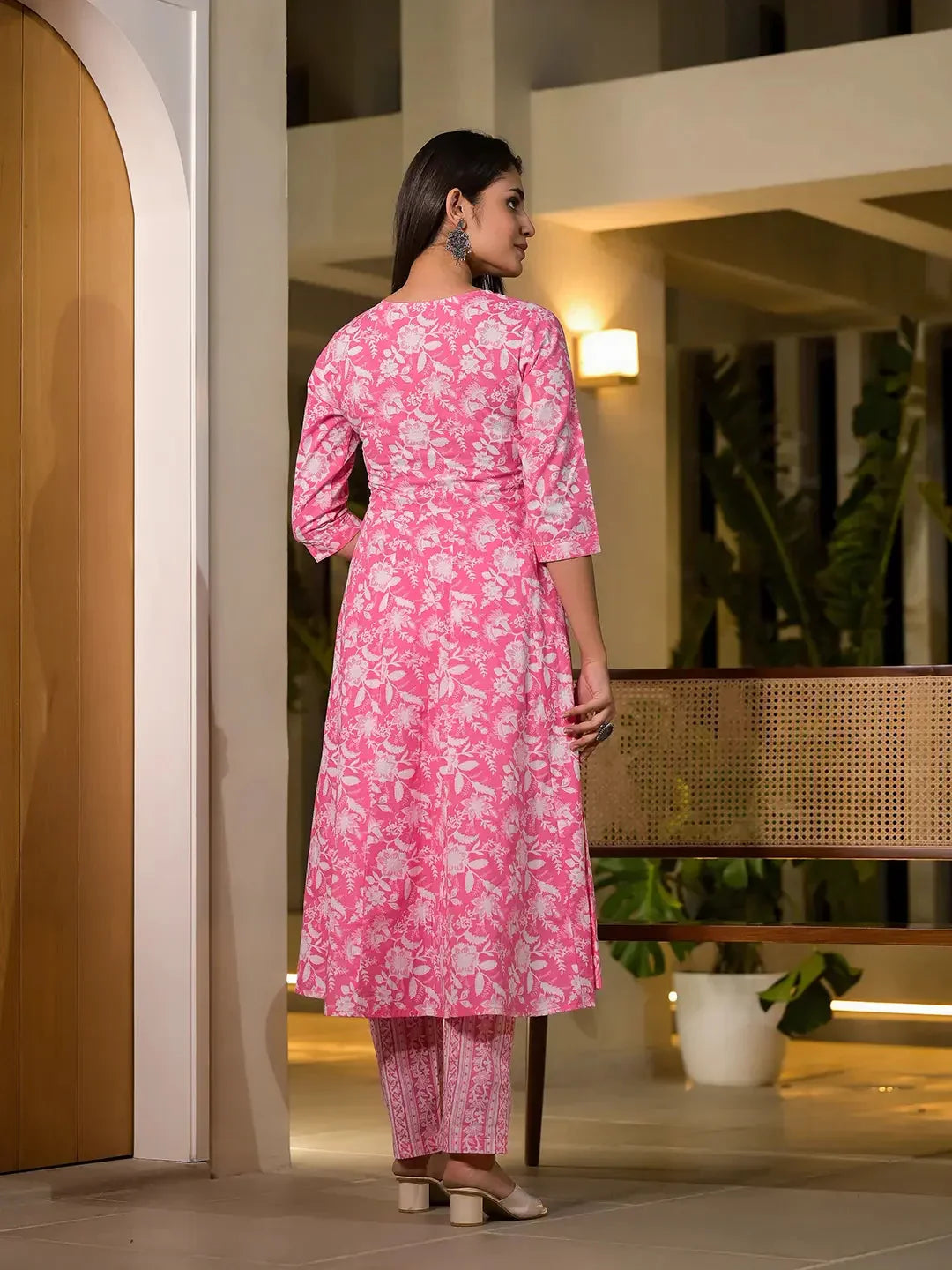 Yufta Pink Cotton Anarkali Style Sequins_Work Kurta With Trousers And Dupatta Set | Grocsy
