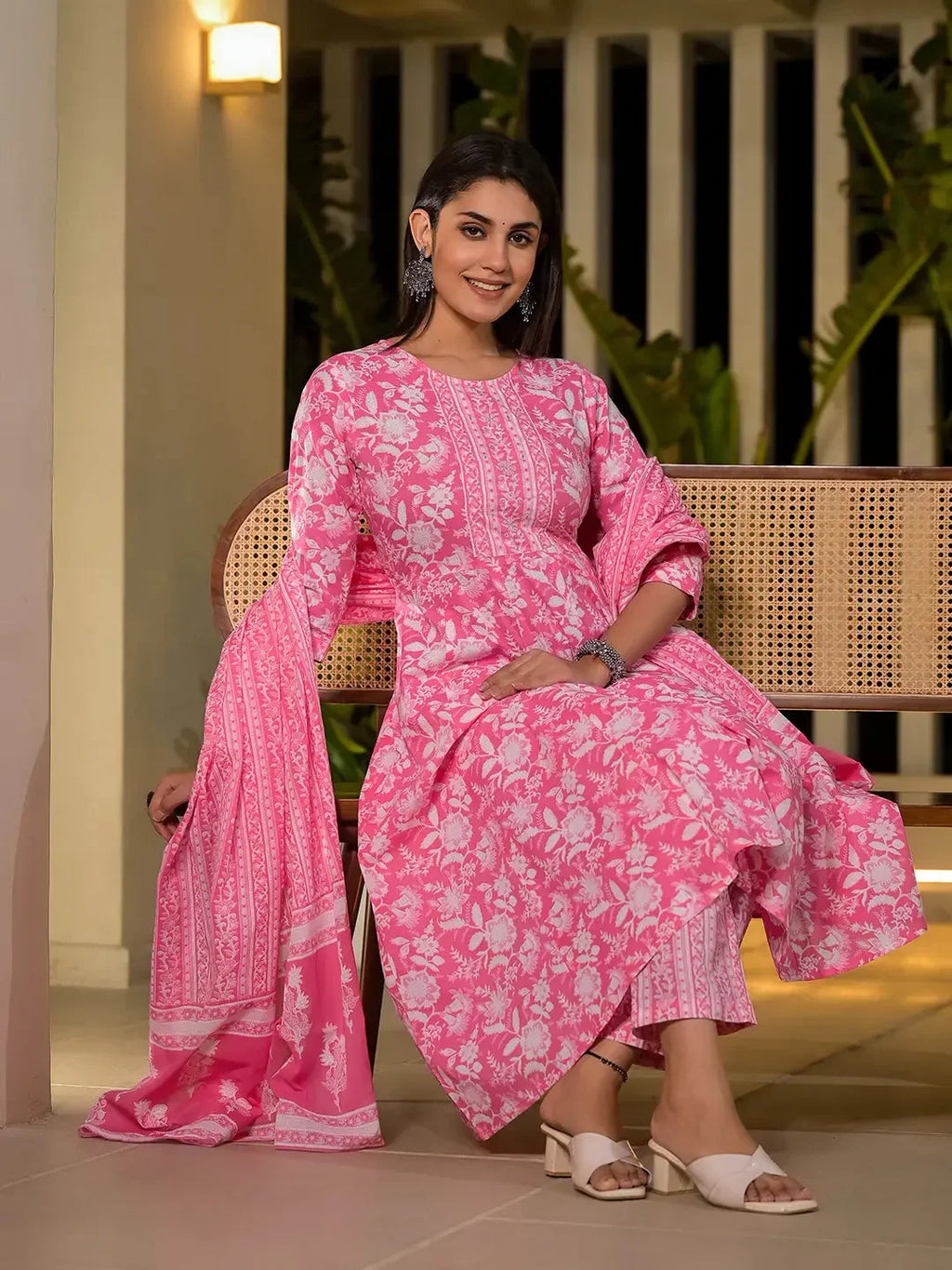 Yufta Pink Cotton Anarkali Style Sequins_Work Kurta With Trousers And Dupatta Set | Grocsy