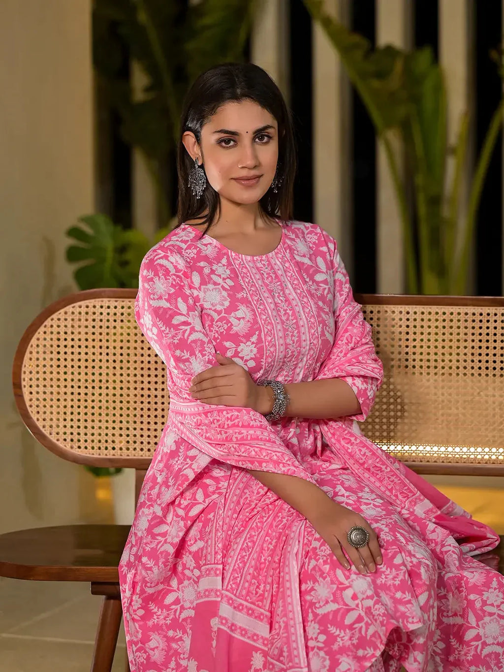 Yufta Pink Cotton Anarkali Style Sequins_Work Kurta With Trousers And Dupatta Set | Grocsy