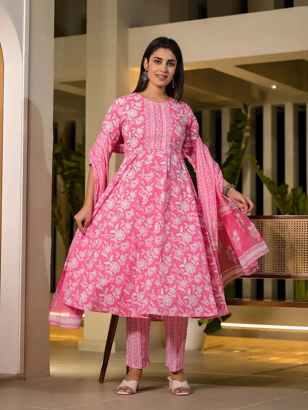 Yufta Pink Cotton Anarkali Style Sequins_Work Kurta With Trousers And Dupatta Set | Grocsy