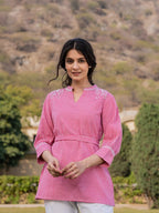 Yufta Pink Cotton Checks Embroidery Top | Grocsy