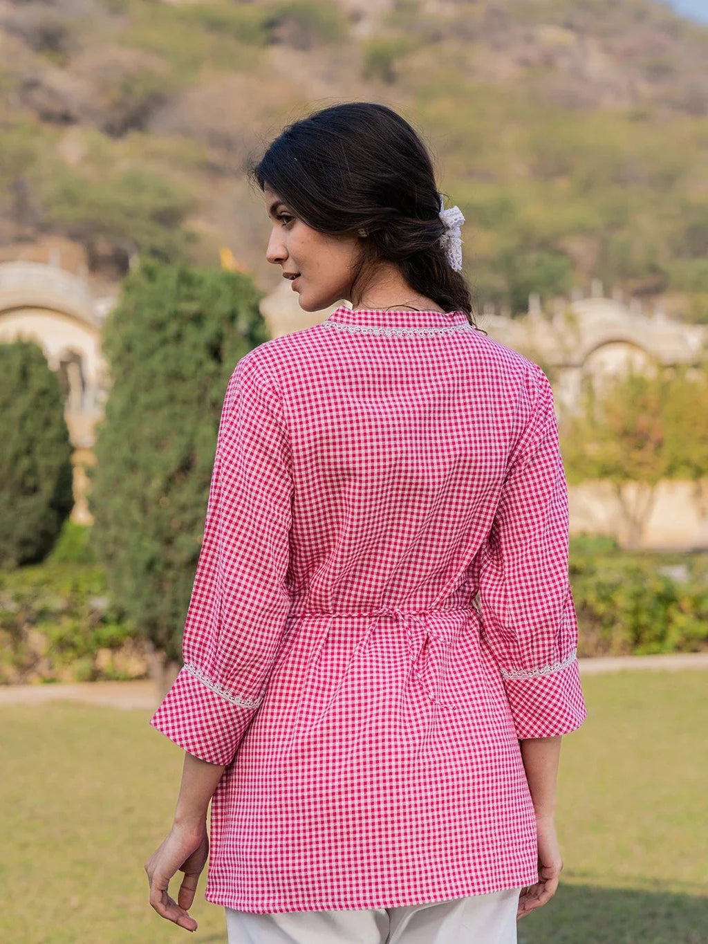 Yufta Pink Cotton Checks Embroidery Top | Grocsy