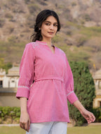 Yufta Pink Cotton Checks Embroidery Top | Grocsy