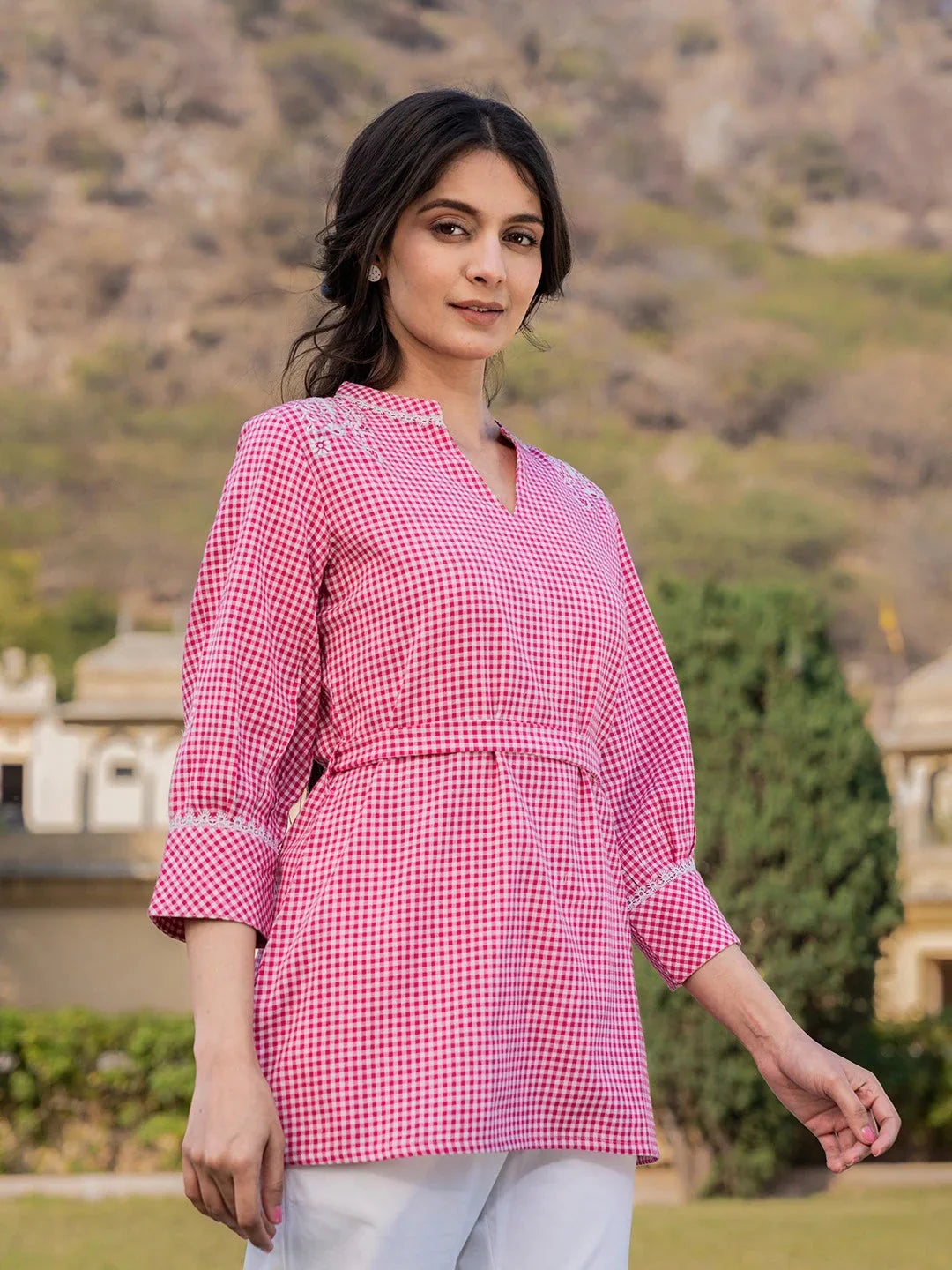 Yufta Pink Cotton Checks Embroidery Top | Grocsy