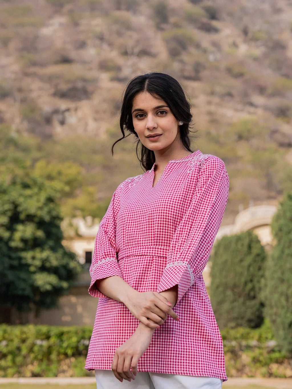 Yufta Pink Cotton Checks Embroidery Top | Grocsy