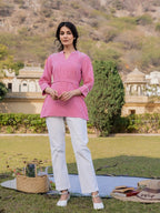Yufta Pink Cotton Checks Embroidery Top | Grocsy