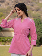 Yufta Pink Cotton Checks Embroidery Top | Grocsy